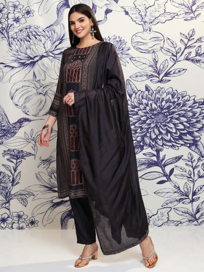 Vishudh Women Blue Printed Kurta With Trouser And Dupatta - Blue - Image 4