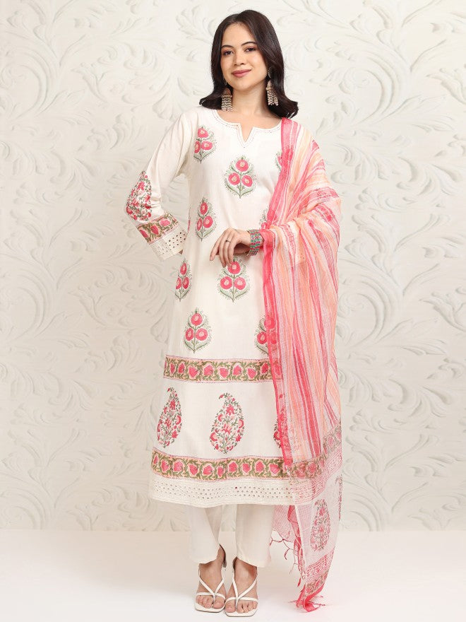 Vishudh Women White Printed Kurta With Trouser And Dupatta - White - Image 2