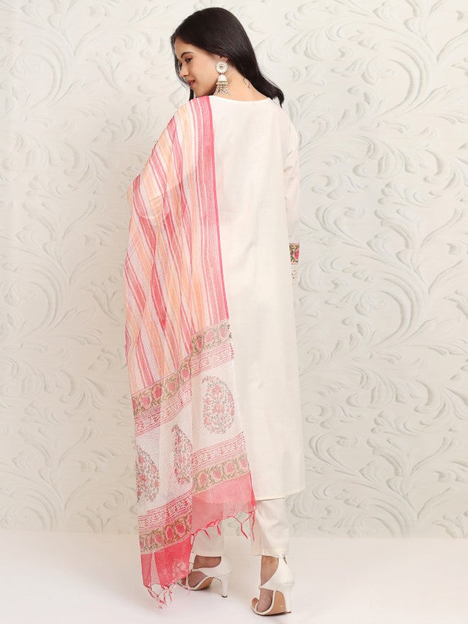 Vishudh Women White Printed Kurta With Trouser And Dupatta - White - Image 3