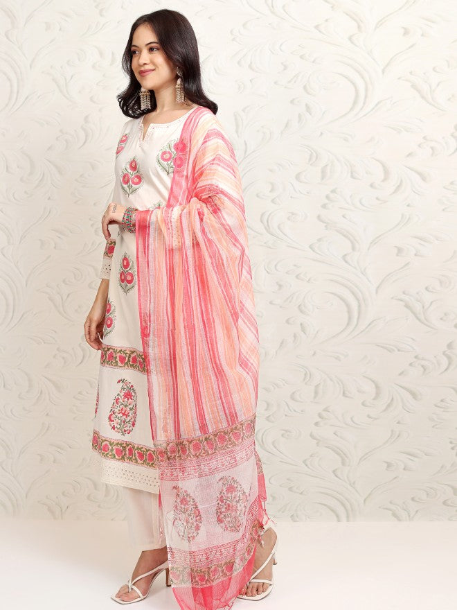 Vishudh Women White Printed Kurta With Trouser And Dupatta - White - Image 4