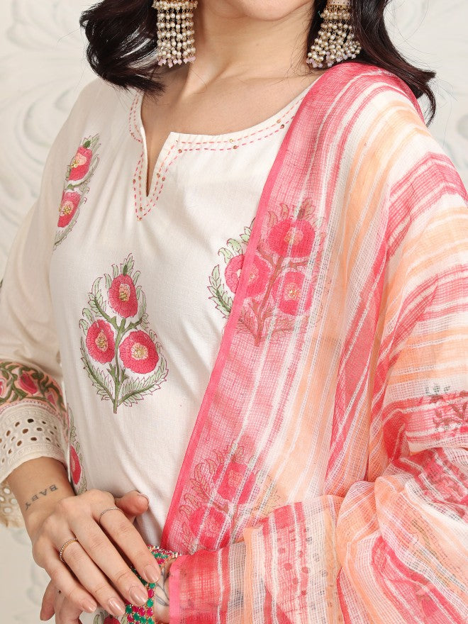 Vishudh Women White Printed Kurta With Trouser And Dupatta - White - Image 5