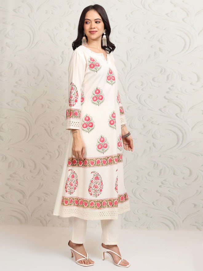 Vishudh Women White Printed Kurta With Trouser And Dupatta - White - Image 6