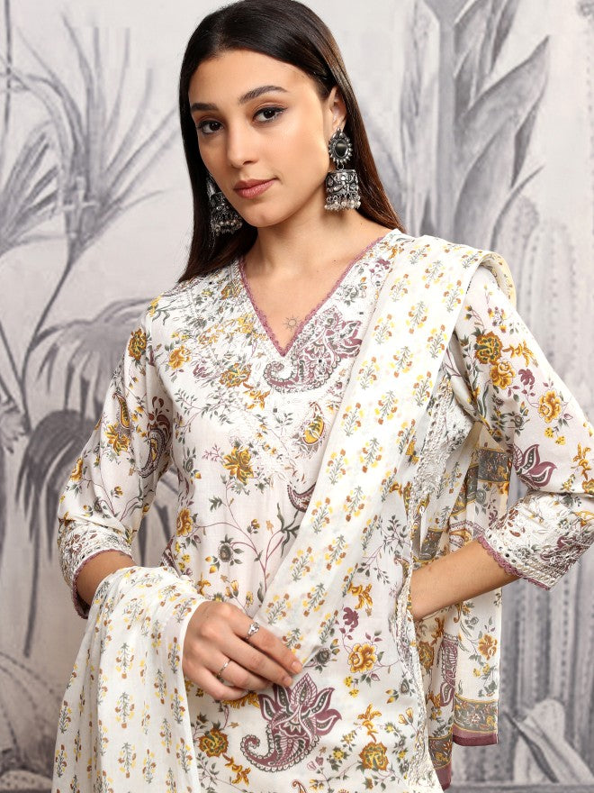 Vishudh Women Yellow Printed Kurta With Trouser And Dupatta - Yellow - Image 1