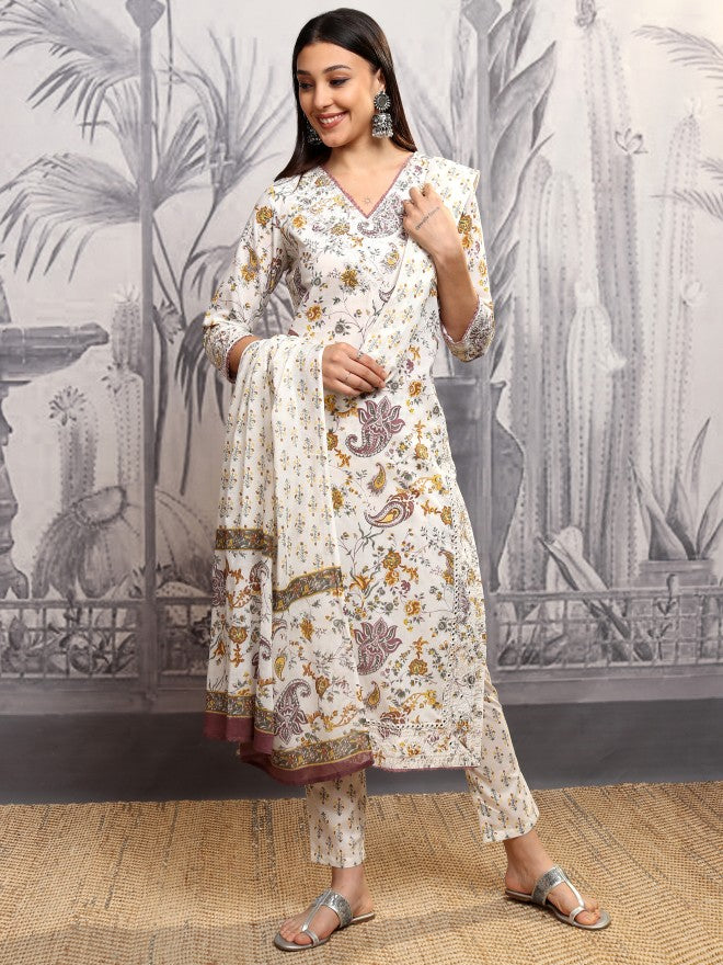 Vishudh Women Yellow Printed Kurta With Trouser And Dupatta - Yellow - Image 2