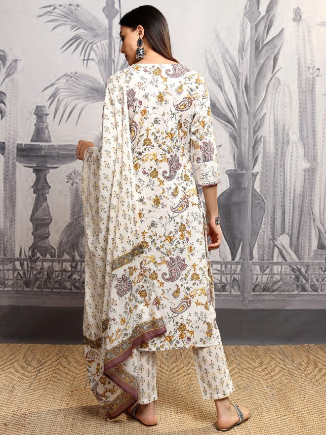 Vishudh Women Yellow Printed Kurta With Trouser And Dupatta - Yellow - Image 3