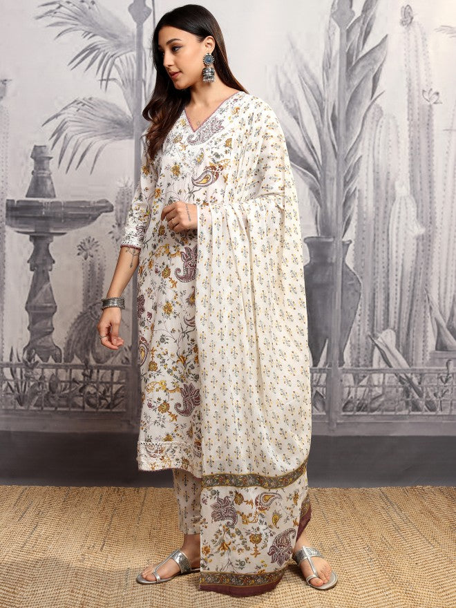 Vishudh Women Yellow Printed Kurta With Trouser And Dupatta - Yellow - Image 4