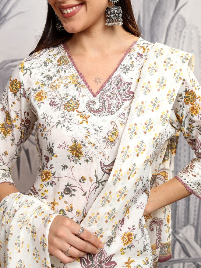 Vishudh Women Yellow Printed Kurta With Trouser And Dupatta - Yellow - Image 5