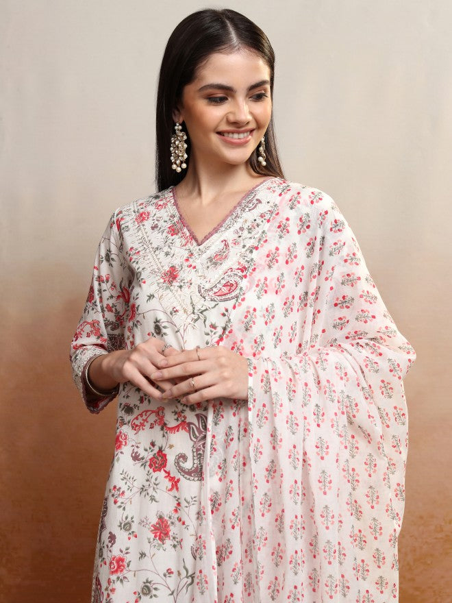 Vishudh Women Red Printed Kurta With Trouser And Dupatta - Red - Image 1