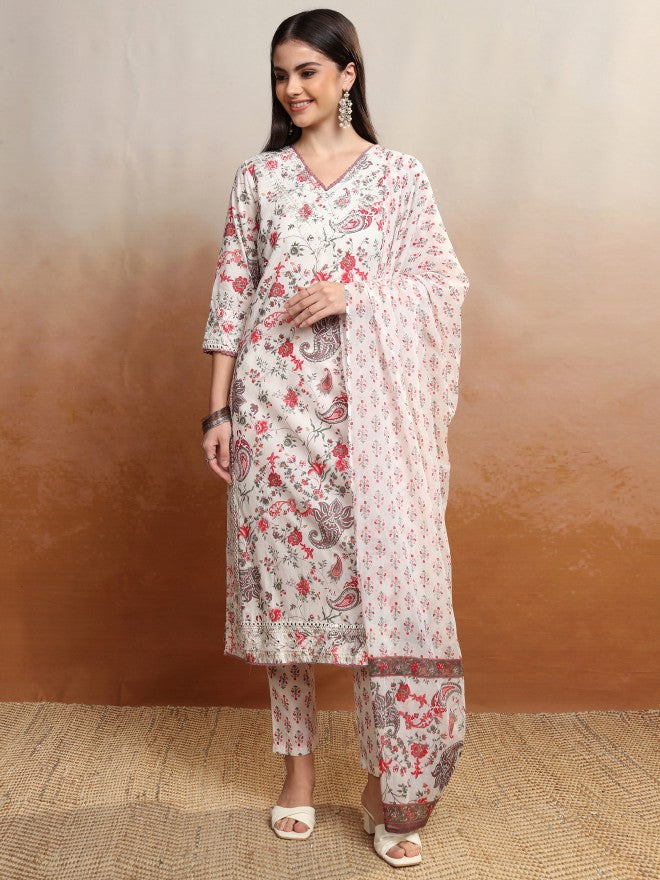 Vishudh Women Red Printed Kurta With Trouser And Dupatta - Red - Image 2
