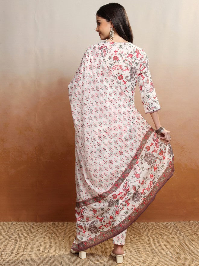 Vishudh Women Red Printed Kurta With Trouser And Dupatta - Red - Image 3
