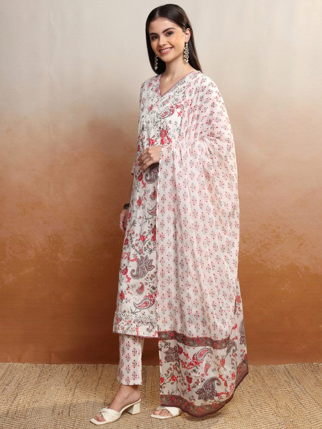 Vishudh Women Red Printed Kurta With Trouser And Dupatta - Red - Image 4