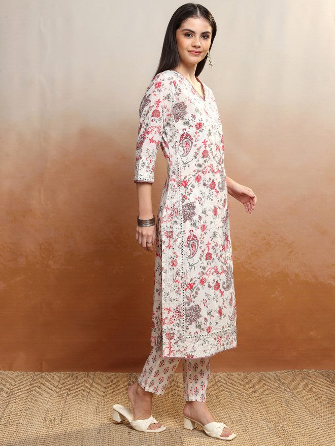 Vishudh Women Red Printed Kurta With Trouser And Dupatta - Red - Image 6