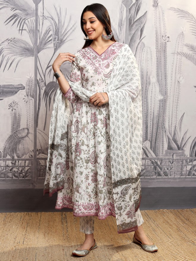 Vishudh Women Grey Printed Kurta With Trouser And Dupatta - Grey - Image 2
