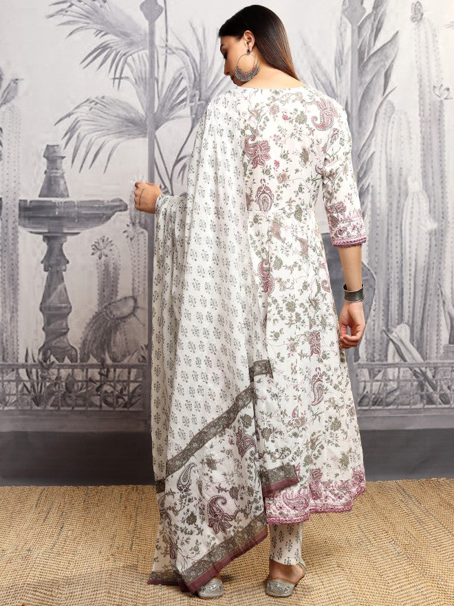 Vishudh Women Grey Printed Kurta With Trouser And Dupatta - Grey - Image 3