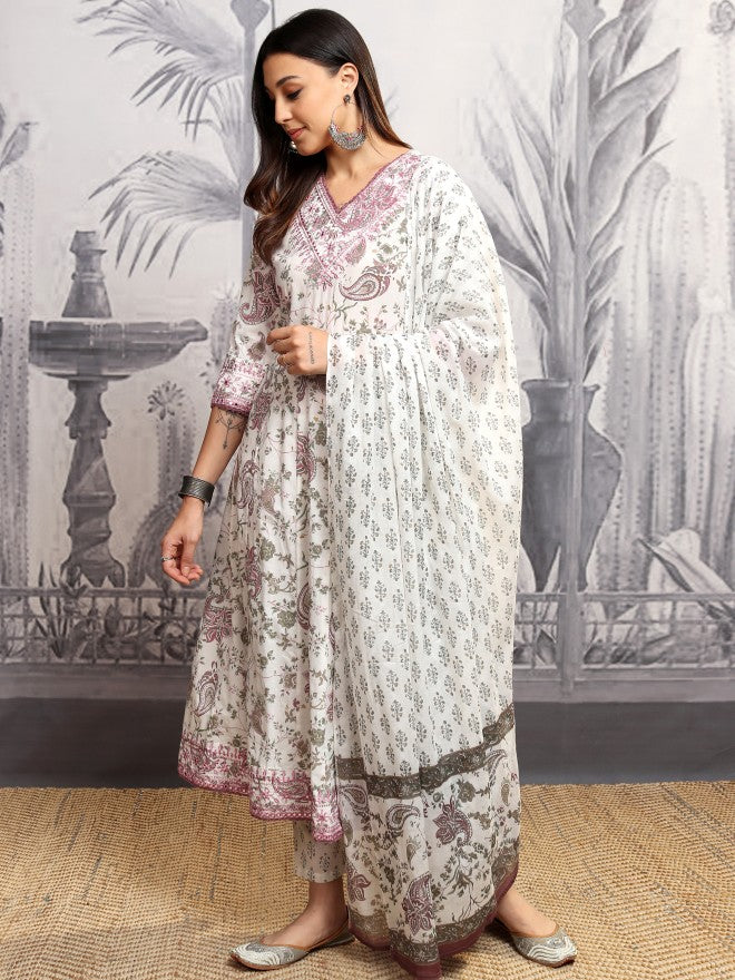 Vishudh Women Grey Printed Kurta With Trouser And Dupatta - Grey - Image 4