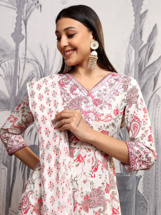 Vishudh Women Red Printed Kurta With Trouser And Dupatta - Red - Image 1