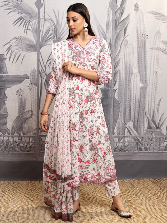 Vishudh Women Red Printed Kurta With Trouser And Dupatta - Red - Image 2