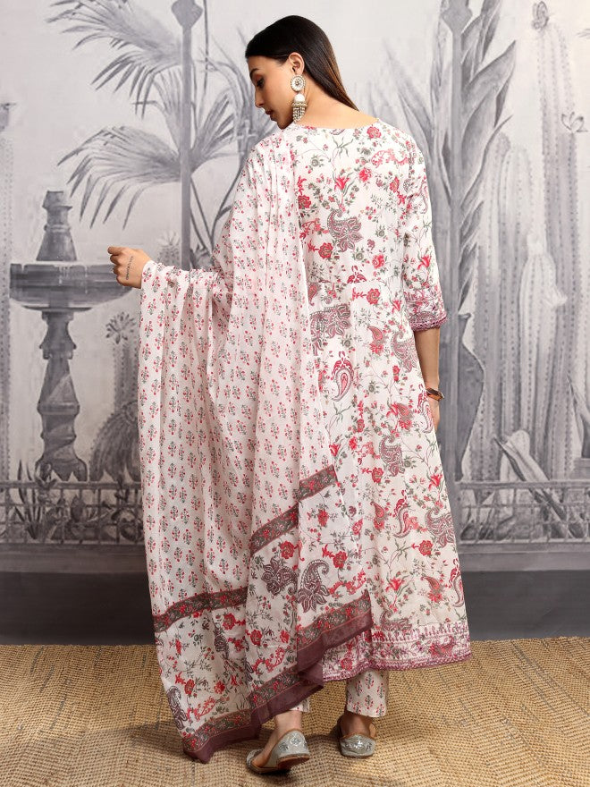 Vishudh Women Red Printed Kurta With Trouser And Dupatta - Red - Image 3