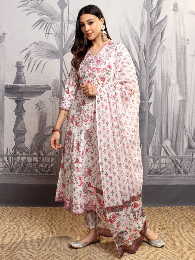 Vishudh Women Red Printed Kurta With Trouser And Dupatta - Red - Image 4