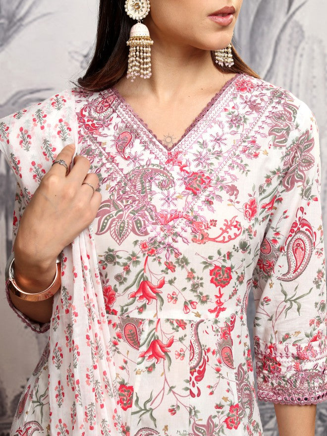 Vishudh Women Red Printed Kurta With Trouser And Dupatta - Red - Image 5