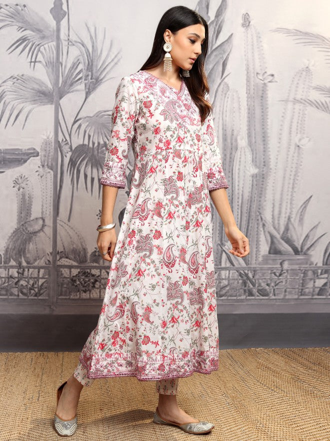 Vishudh Women Red Printed Kurta With Trouser And Dupatta - Red - Image 6