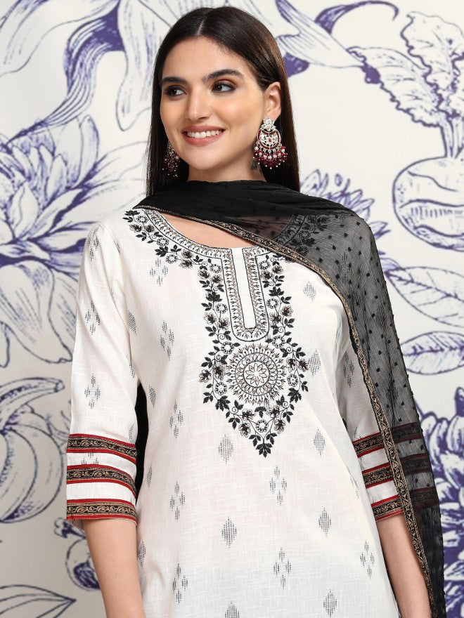 Vishudh Women Off White Printed Kurta With Trouser And Dupatta - Off White - Image 1