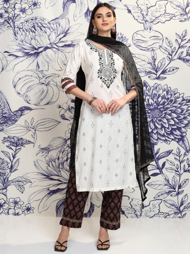 Vishudh Women Off White Printed Kurta With Trouser And Dupatta - Off White - Image 2