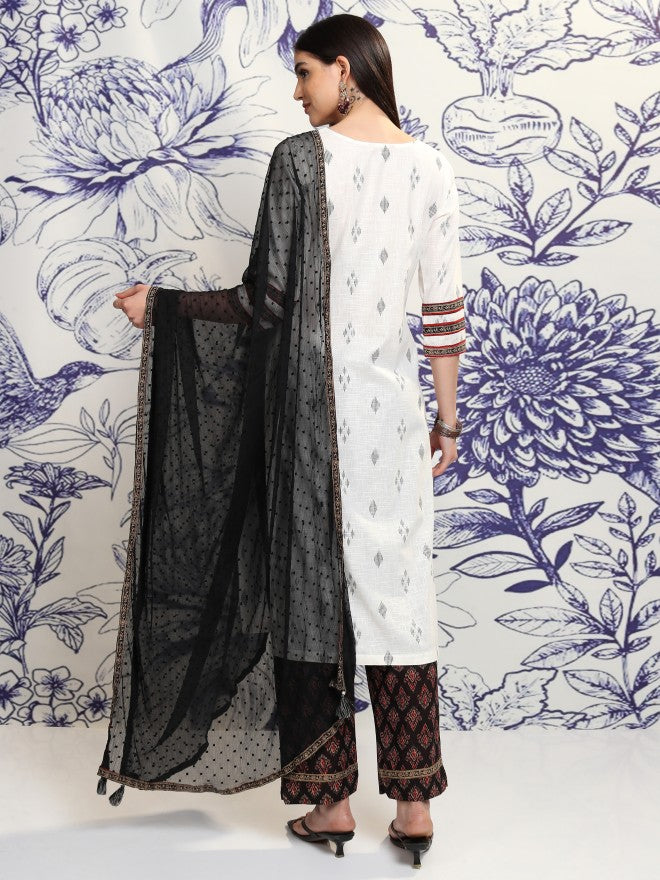 Vishudh Women Off White Printed Kurta With Trouser And Dupatta - Off White - Image 3
