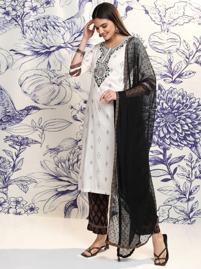 Vishudh Women Off White Printed Kurta With Trouser And Dupatta - Off White - Image 4