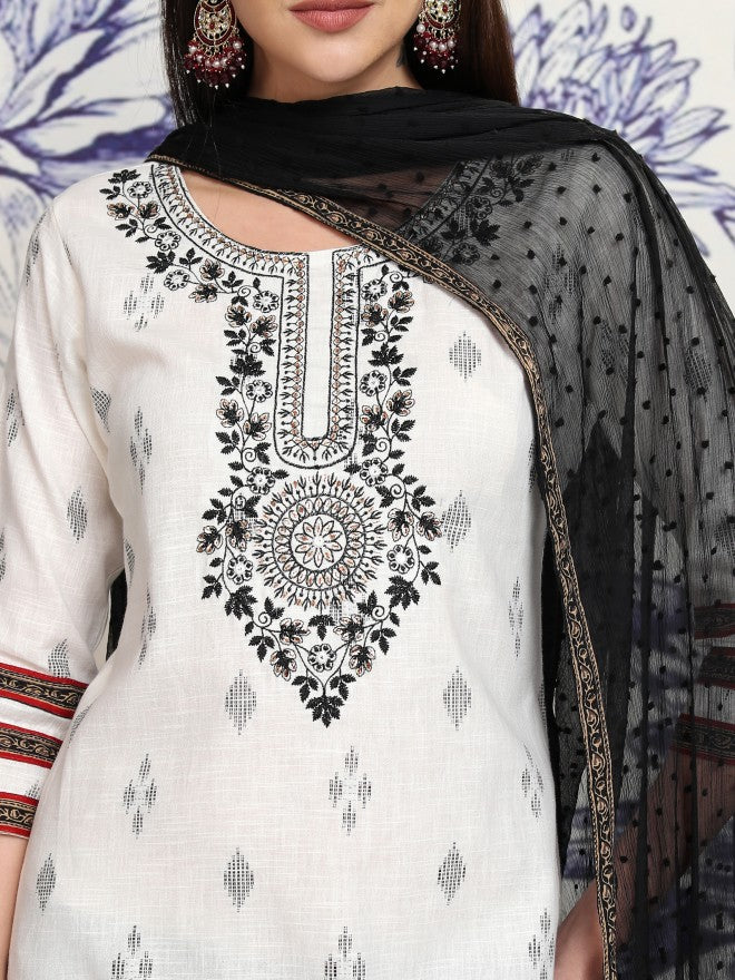 Vishudh Women Off White Printed Kurta With Trouser And Dupatta - Off White - Image 5