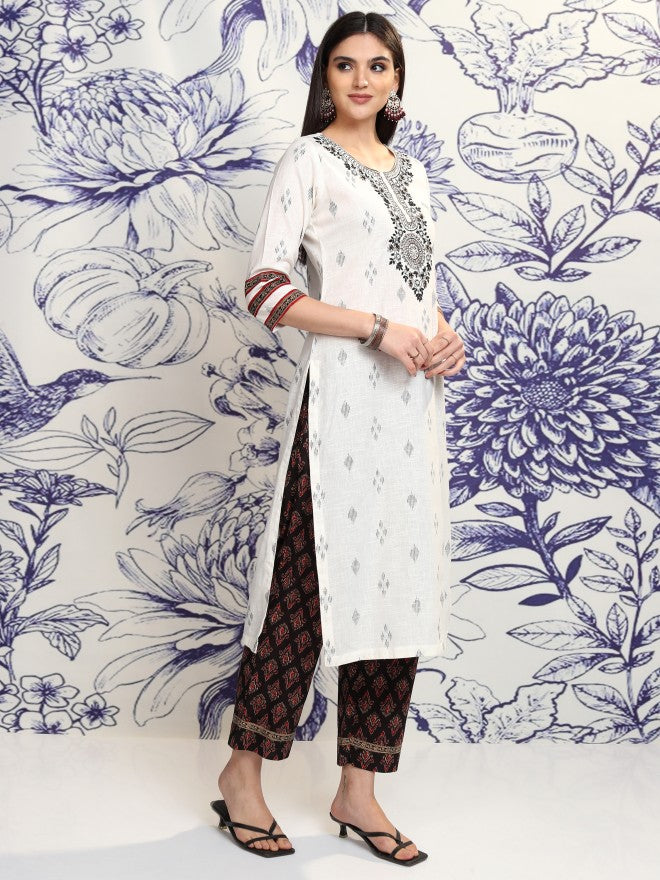 Vishudh Women Off White Printed Kurta With Trouser And Dupatta - Off White - Image 6