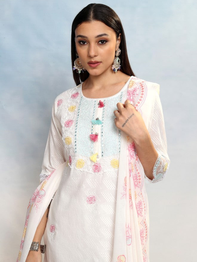 Vishudh Women White Embroidered Kurta With Trouser And Dupatta - White - Image 1