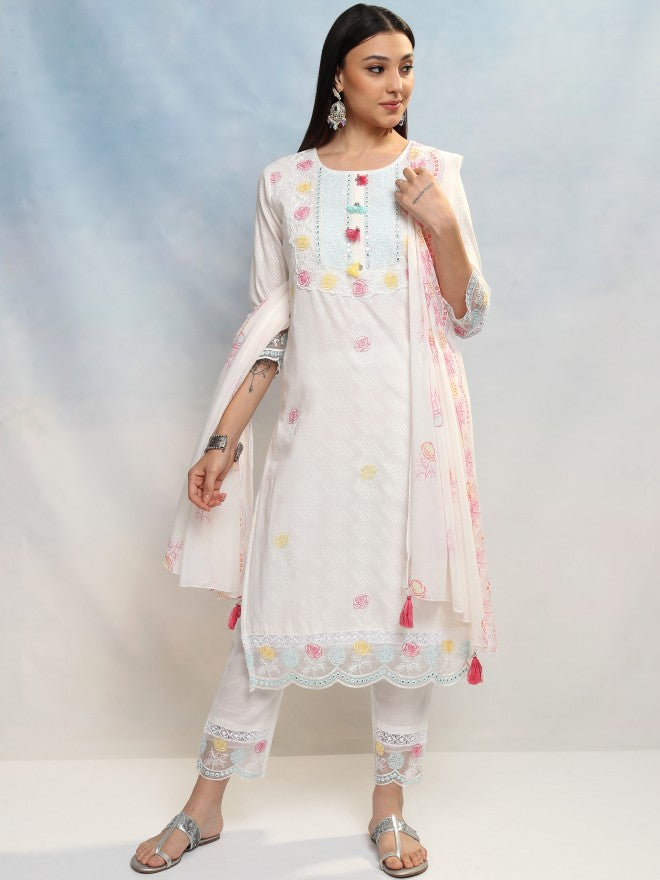 Vishudh Women White Embroidered Kurta With Trouser And Dupatta - White - Image 2