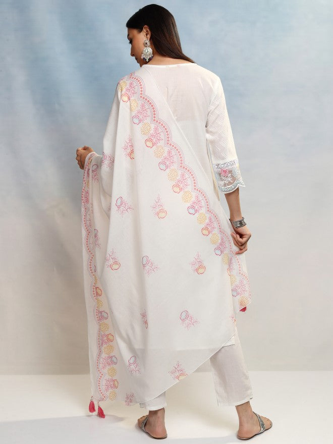 Vishudh Women White Embroidered Kurta With Trouser And Dupatta - White - Image 3