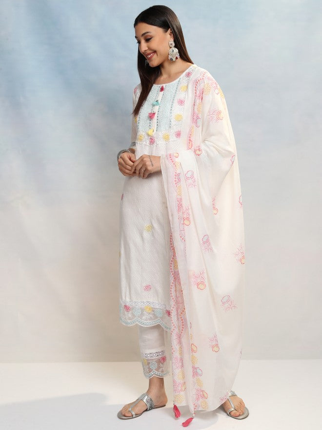 Vishudh Women White Embroidered Kurta With Trouser And Dupatta - White - Image 4