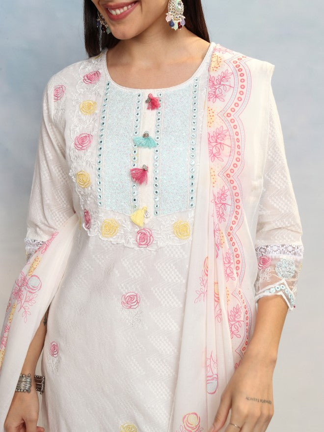 Vishudh Women White Embroidered Kurta With Trouser And Dupatta - White - Image 5