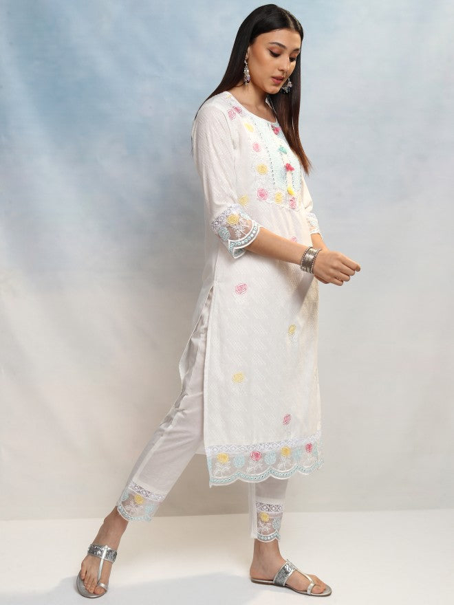 Vishudh Women White Embroidered Kurta With Trouser And Dupatta - White - Image 6