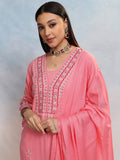 Vishudh Women Pink Embroidered Kurta With Trouser And Dupatta - Pink - Image 1