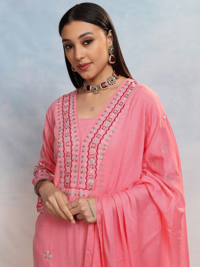 Vishudh Women Pink Embroidered Kurta With Trouser And Dupatta - Pink - Image 1