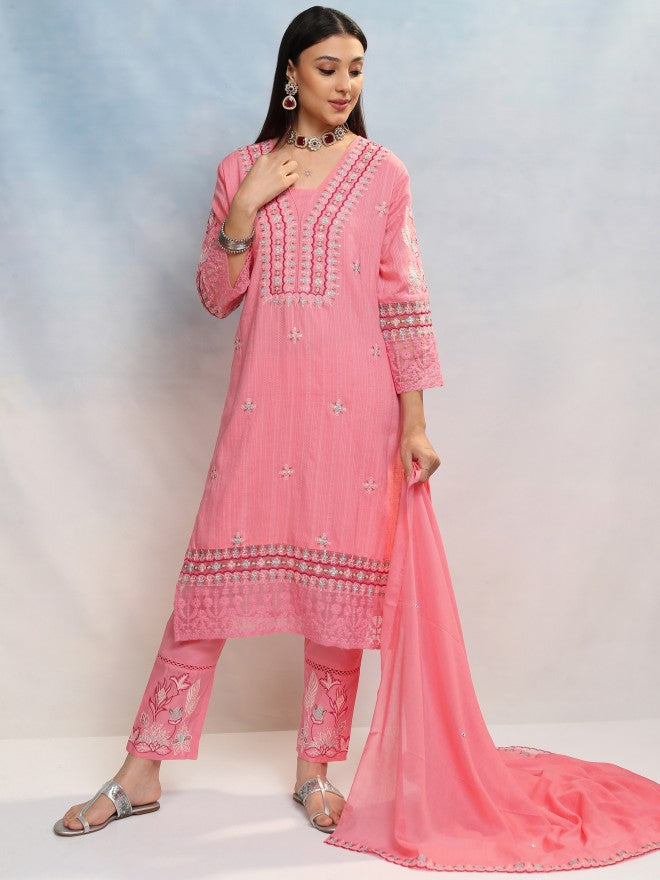Vishudh Women Pink Embroidered Kurta With Trouser And Dupatta - Pink - Image 2