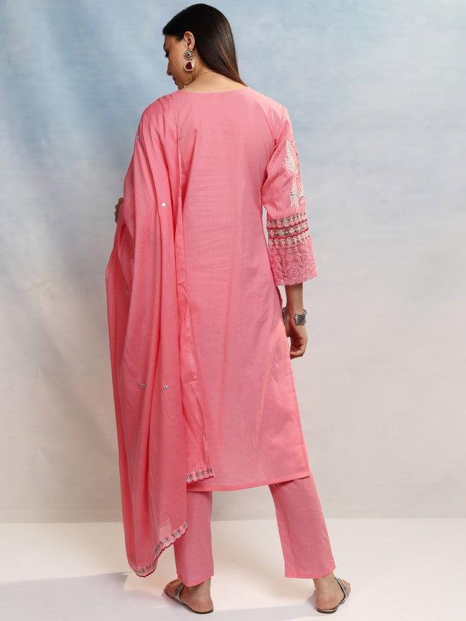 Vishudh Women Pink Embroidered Kurta With Trouser And Dupatta - Pink - Image 3
