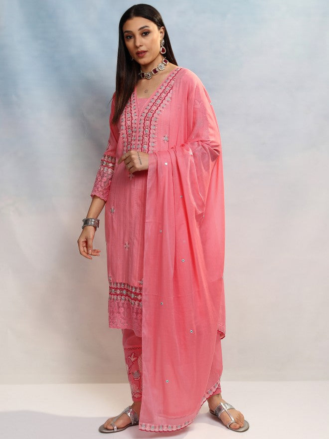 Vishudh Women Pink Embroidered Kurta With Trouser And Dupatta - Pink - Image 4