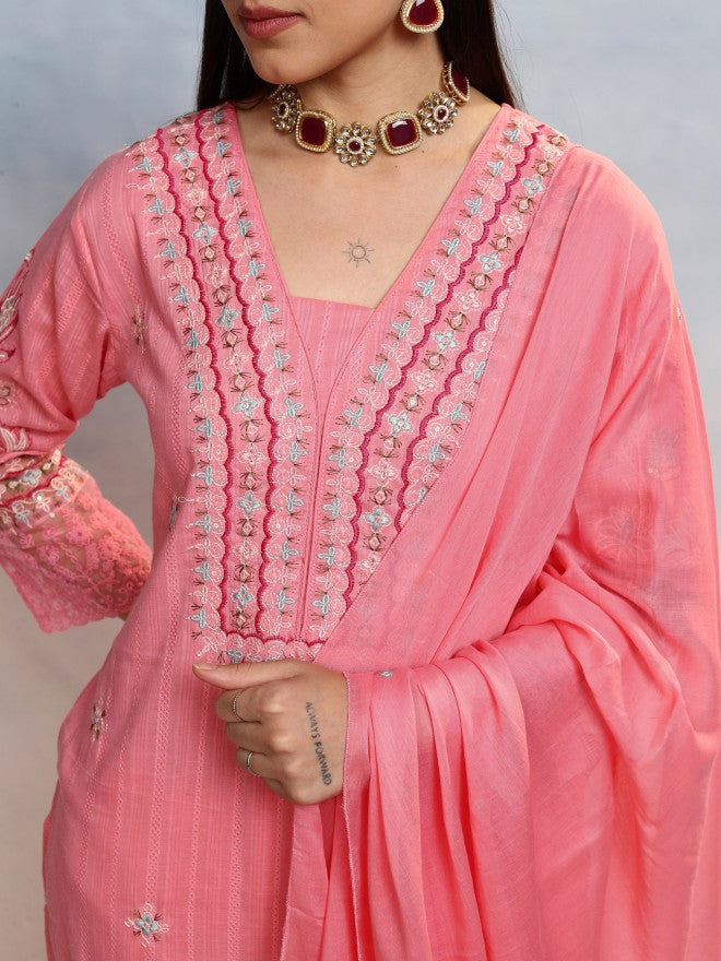 Vishudh Women Pink Embroidered Kurta With Trouser And Dupatta - Pink - Image 5