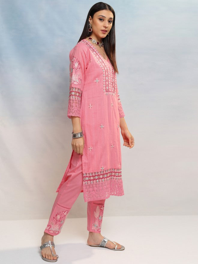 Vishudh Women Pink Embroidered Kurta With Trouser And Dupatta - Pink - Image 6