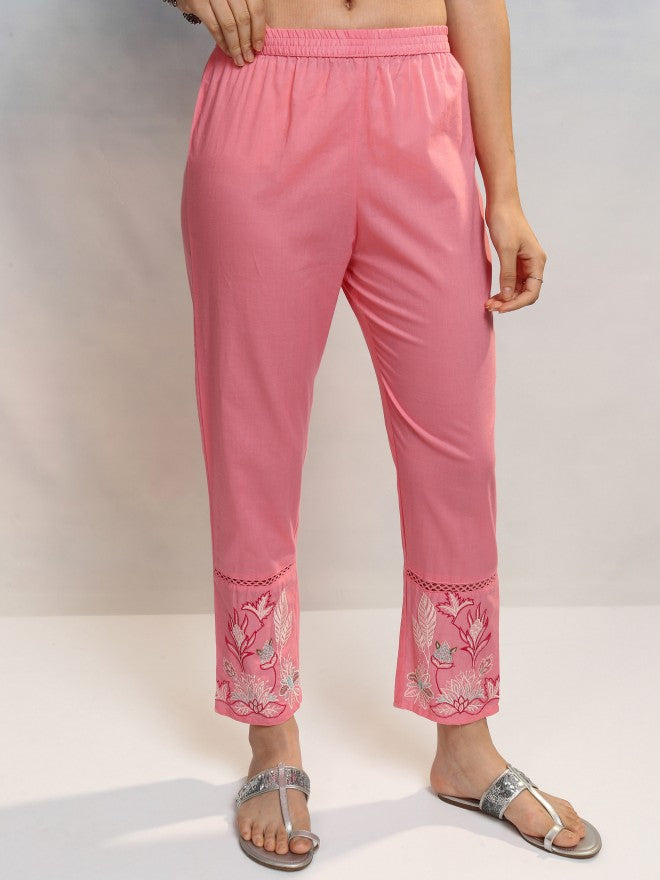 Vishudh Women Pink Embroidered Kurta With Trouser And Dupatta - Pink - Image 7