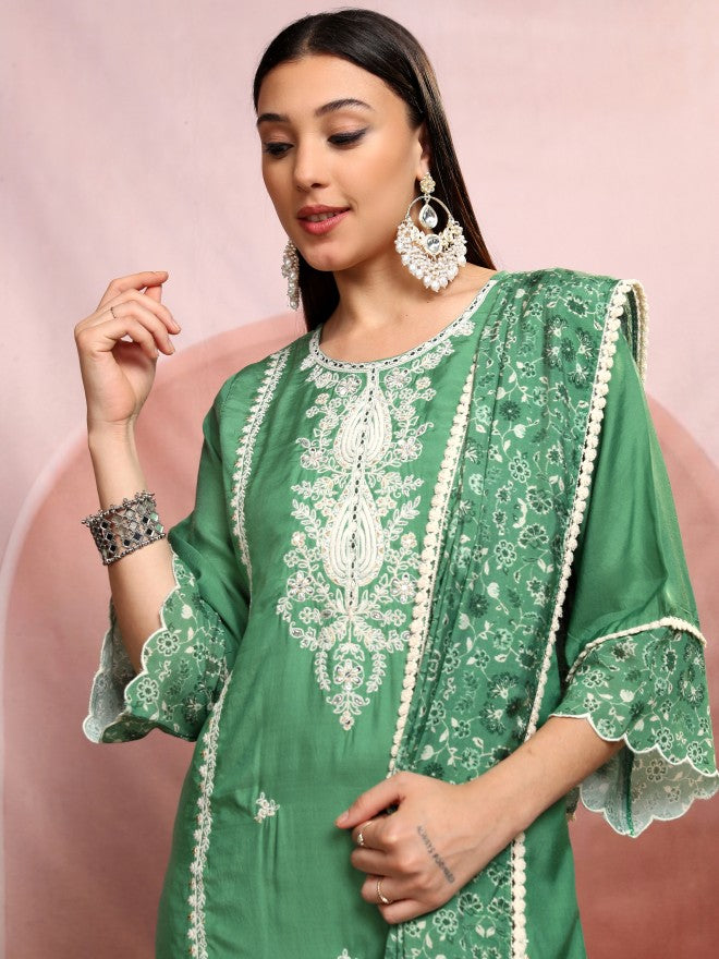 Vishudh Women Green Embroidered Kurta With Trouser And Dupatta - Green - Image 1