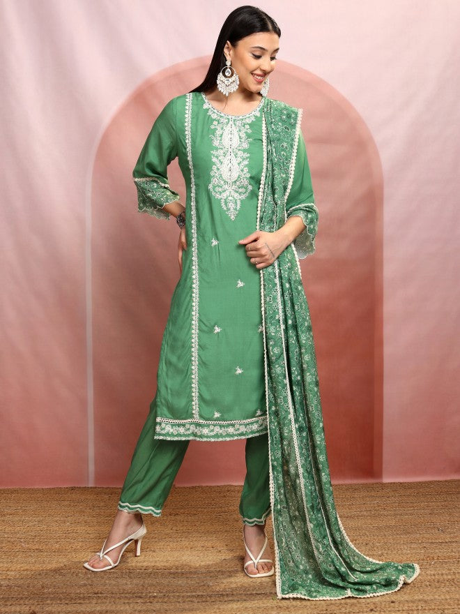 Vishudh Women Green Embroidered Kurta With Trouser And Dupatta - Green - Image 2