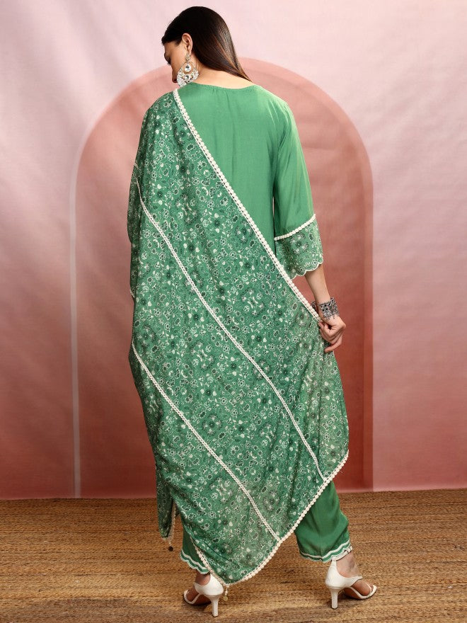 Vishudh Women Green Embroidered Kurta With Trouser And Dupatta - Green - Image 3