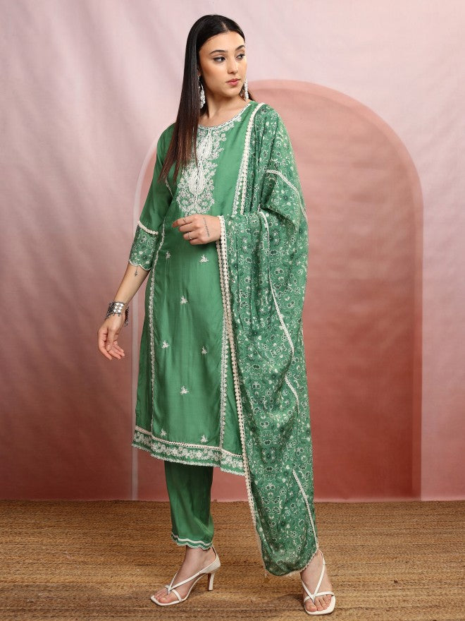 Vishudh Women Green Embroidered Kurta With Trouser And Dupatta - Green - Image 4