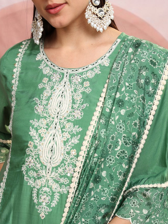 Vishudh Women Green Embroidered Kurta With Trouser And Dupatta - Green - Image 5